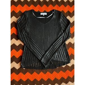 Anthropologie John & Jenn Black Coated Shiny Crochet Knit Style Sweater sz S